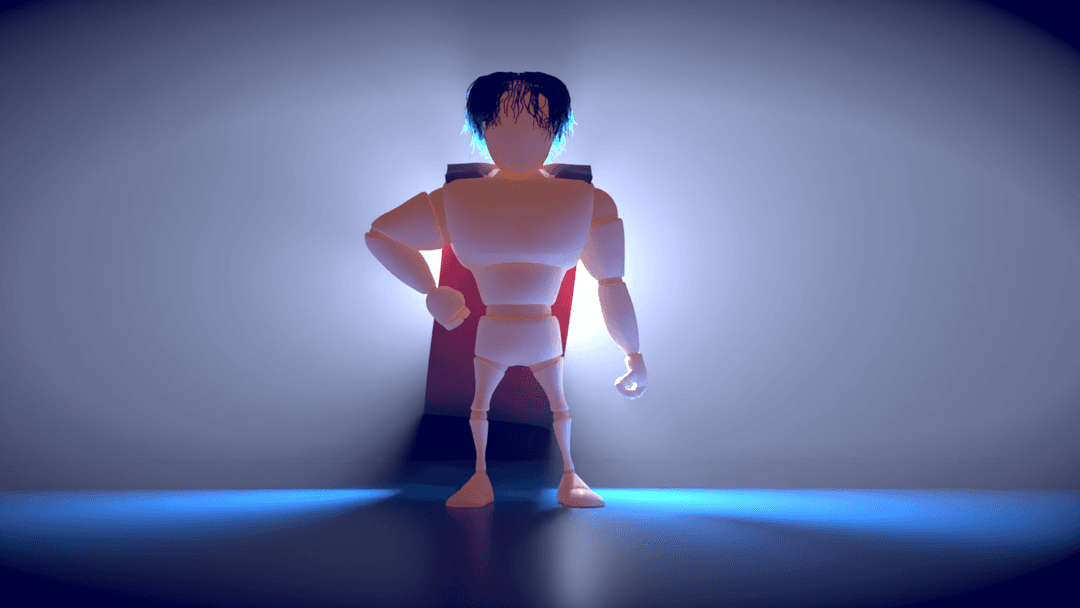 Beefy rig with blue hair and a cape in a superhero pose with white back lighting.